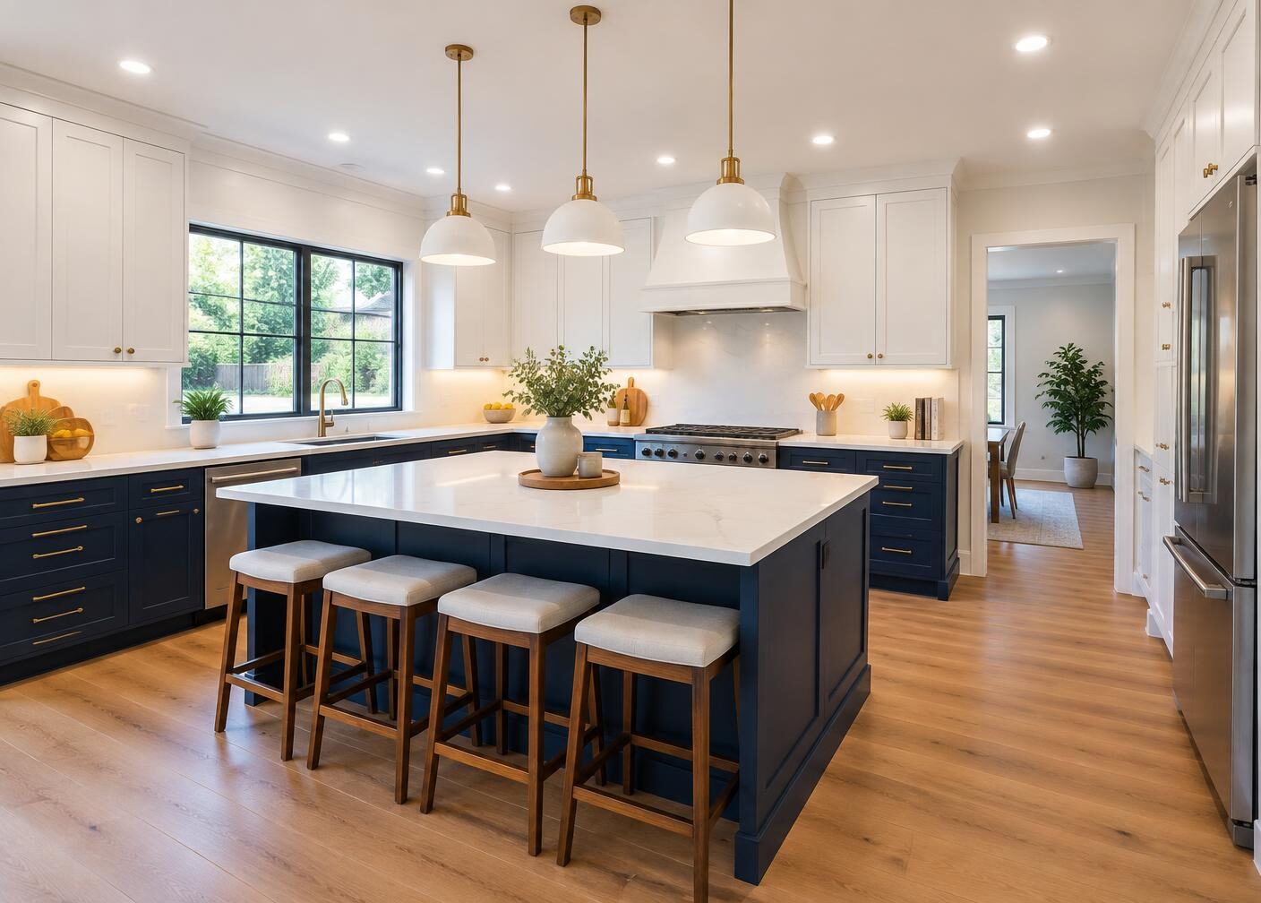 Kitchen with newly installed LED downlights and pendant lighting